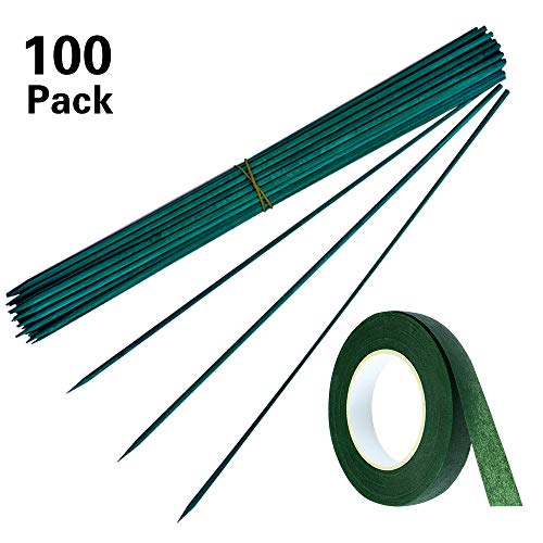 SHEN RONG Green Wood Plant StakeGarden Stakes Floral Picks Floral Plant Support Wooden，Wooden Sign Posting Garden Sticks and 30 Yard Dark Green Flower Paper Tape 100 15inch