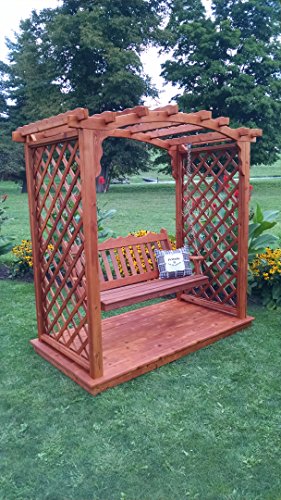 Amish-Made Jamesport Style Cedar Arbor with Deck Swing - 6 Wide Walkthrough Redwood Stain
