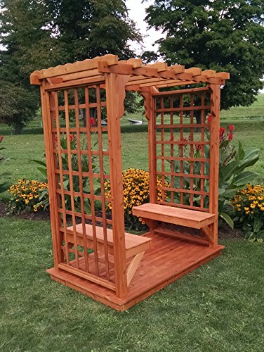 Amish-Made Lexington Style Cedar Arbor with Deck 2 Benches - 6 Wide Walkthrough Cedar Stain