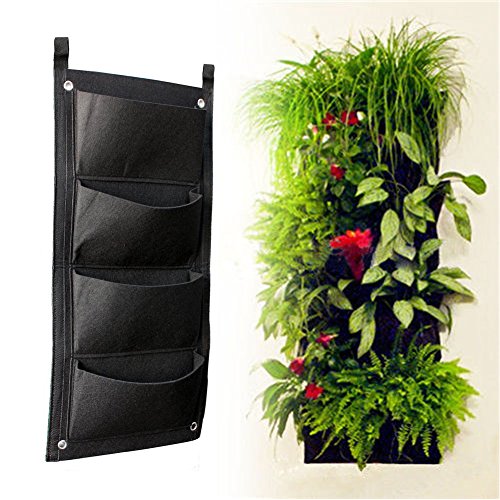 Hizing Vertical Wall Garden PlanterRecycled Materials Wall Mount Balcony Plant Grow Pots Container Bags for OutdoorFree Strawberry SeedsBlack4 Pocket