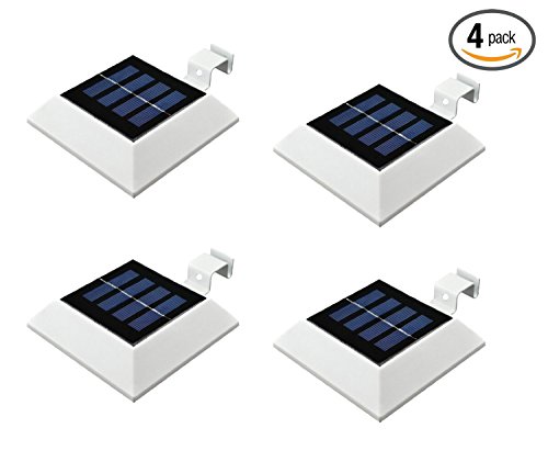 4 PackGMFive Solar Powered Waterproof Security Lamp 4 LED Solar Gutter Lights for Outdoor Garden Fence Dog House Tree Outside Garage Door Wall Stairs Anywhere Safety Lite with Bracket 4PCS