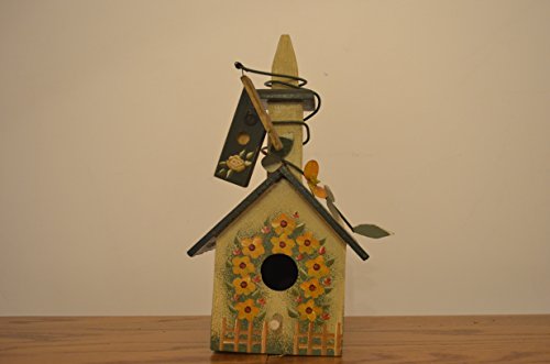 Wooden Birdhouse Decorated with Yellow Flowers and a Wood Fence As Well As a Green Checkered Rooftop and a Church Steeple with Wire Vines Holding up a Miniature Green Birdhouse Measurements Are 7 38 X 5 58 X 10 12
