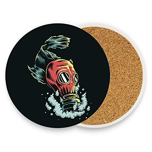 Coasters for Drinks Fish Wearing Gas Mask Polluted Water Illustration Absorbent Funny Stone Ceramic Coasters Pack of 1 Protect Your Furniture