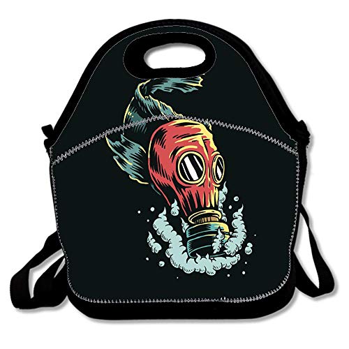 Lunch Bags for Women&Lunch Boxes for Kids Fish Wearing Gas Mask Polluted Water Illustration Insulated Lunch Box Neoprene Tote Work Pinic or Travel