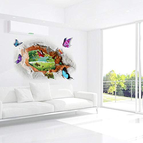 3D Wall Stickers Hole View Butterfly PVC Wall Decals Adhesive Beautiful Pond Wallpaper Door Vinyl Decals for Living Room Bedroom50X70Cm Yzbz