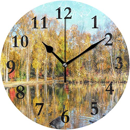 Lmlfes Beautiful Pond Autumn Silent Non Ticking Round Acrylic Wall Clock Home Office School Decorative Clock Art