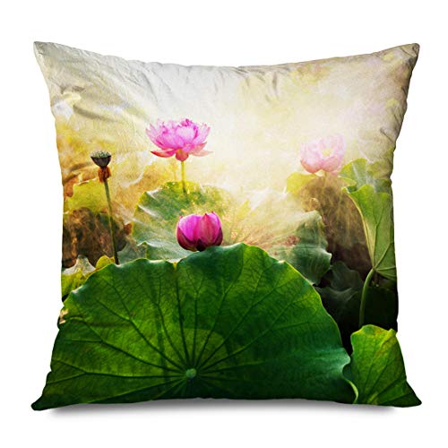 Onete Throw Pillow Cover Square 20x20 Inches Beautiful Pond Oriental Flower Stalk Beauty Landscape Outdoor Zen Blooming Blossom Sunset Nature Decorative Cushion Case Home Decor Zippered Pillowcase