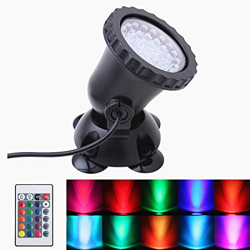 WEGEEY Pond Light Waterproof IP68 Underwater Submersible Spotlights with Remote 36 LED Multi-Color Adjustable Dimmable Aquarium Garden Fountain Waterfall Pool Tank Lights 1-Pack （Upgraded）