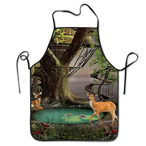 Fairtale Tree House Pond Deer In Forest Cooking Kitchen Bib Apron Aprons For Women Men Baking Gardening