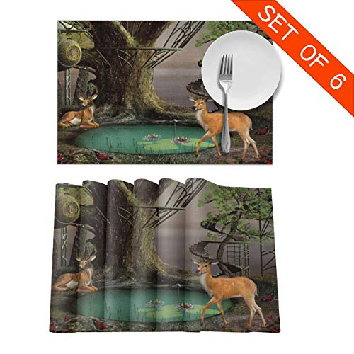 Fairtale Tree House Pond Deer in Forest Place Mats Set of 6 Washable Fabric Placemats for Dining Room Kitchen Table Decor 12 X 18 Inches