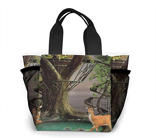 Fairtale Tree House Pond Deer in Forest Reusable Lunch Bag Lunch Box Large Capacity Unisex School Travel Camping Shopping Bag