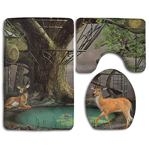 HOUYAN Bathroom Rugs Sets 3 Pieces Fairtale Tree House Pond Deer in Forest Memory Foam Bathroom Mats Set Bath Rug Contour Mat Lid Cover Non-Slip