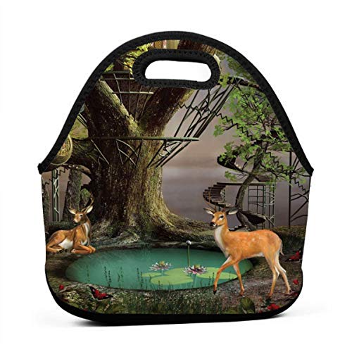 Kuyanasfk Fairtale Tree House Pond Deer in Forest Boys Girls Kids Sleeve School Office Travel Outdoor Warm Thermal Waterproof Lunch Bag Tote Box Container Tote Pouch Food Carrying Insulated Holder