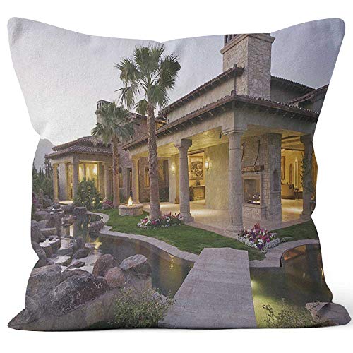 Nine City Illuminated House with Pond in Foreground Throw Pillow Cushion CoverHD Printing Decorative Square Accent Pillow Case16 W by 16 L