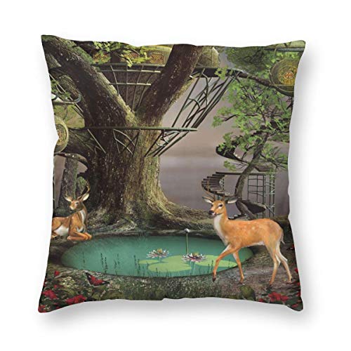 Private Bath Customiz Fairtale Tree House Pond Deer in Forest Throw Pillow Covers Decorative Pillow Cases Home Decor Pillowcases Square Cushion 12 x 12 Inch