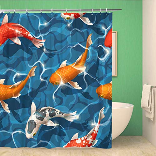 Awowee Bathroom Shower Curtain Colorful Fish Koi Carps Red Pattern Goldfish Pond Asian 66x72 inches Waterproof Bath Curtain Set with Hooks