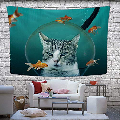 Hitecera Cat with Diving Helmet in Goldfish Pond Wall Hanging Tapestry107305 for Decor905W x 591H