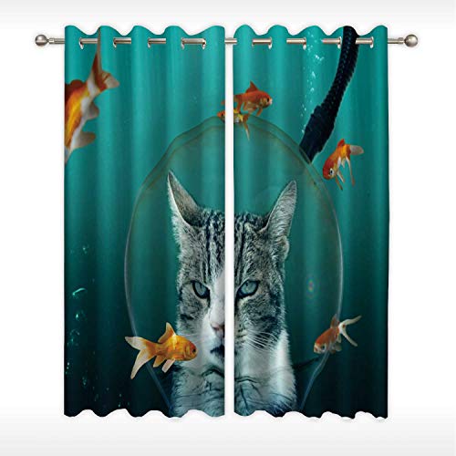 MOOCOM Cat with Diving Helmet in Goldfish Pond Window Panels107305 for Kids RoomW58in x H45in