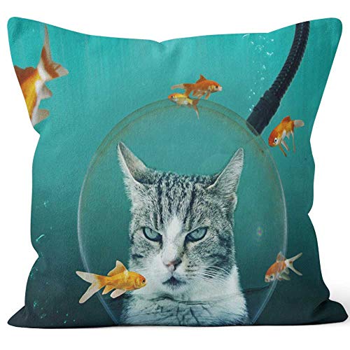 Nine City Cat with Diving Helmet in Goldfish Pond Burlap PillowHD Printing for Couch Sofa Bedroom Livingroom Kitchen Car18 W by 18 L