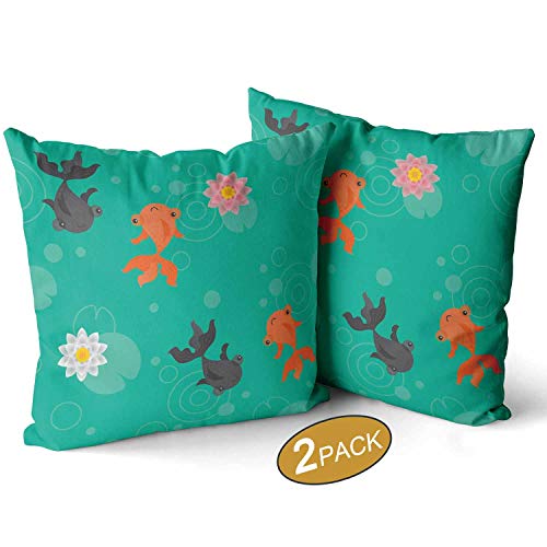 Nine City Cute Kawaii Goldfish Pond Pattern GreenSquare Pillow Throw Case Set of 2 Soft Covers Set 20 X 20