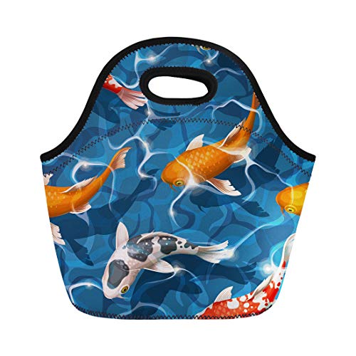 Semtomn Neoprene Lunch Tote Bag Colorful Fish Koi Carps Red Pattern Goldfish Pond Asian Reusable Cooler Bags Insulated Thermal Picnic Handbag for TravelSchoolOutdoorsWork