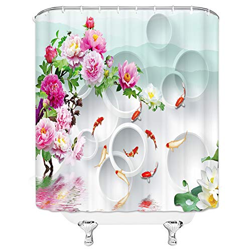 qianliansheji Chinese Shower Curtain Goldfish Pond Lotus Pink Flower Watercolor Shower Curtain Set Does Not Fade Waterproof Classic Retro 70X70 Shower Curtain with Hook
