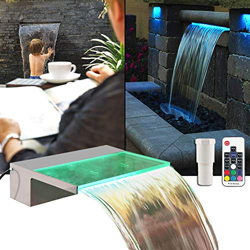 APONUO Lighted Spillway Fountain 12 RGB LED Pool Fountain Koi Pond Swimming Pool 7 Color Remote Changing Spillway for Sheer Descent（2 Connector Choose）