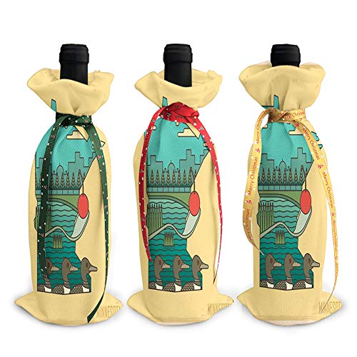3Pcs Wine Bottle Cover Decoration Cover Bags Doodle Minnesota State Map Superimposed with Ducks in Pond and Buildings Scenery wide 45 x high 13