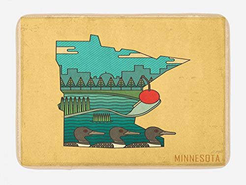 Ambesonne Minnesota Bath Mat Doodle Minnesota State Map Superimposed with Ducks in Pond and Buildings Scenery Plush Bathroom Decor Mat with Non Slip Backing 295 X 175 Multicolor