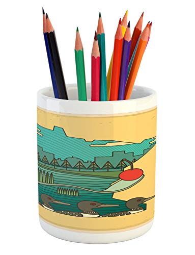 Ambesonne Minnesota Pencil Pen Holder Doodle Minnesota State Map Superimposed with Ducks in Pond and Buildings Scenery Printed Ceramic Pencil Pen Holder for Desk Office Accessory Multicolor
