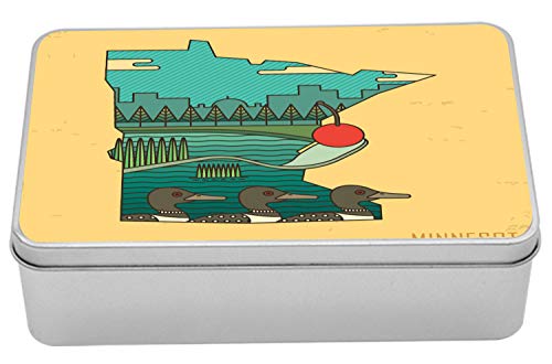 Ambesonne Minnesota Tin Box Doodle Minnesota State Map Superimposed with Ducks in Pond and Buildings Scenery Portable Rectangle Metal Organizer Storage Box with Lid 72 X 47 X 22 Multicolor