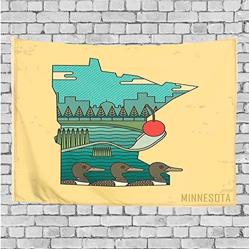 GULTMEE Home Decor TapestryDoodle Minnesota State Map Superimposed with Ducks in Pond and Buildings SceneryWall Hanging for Bedroom Living Room Dorm 60Wx40L Inch
