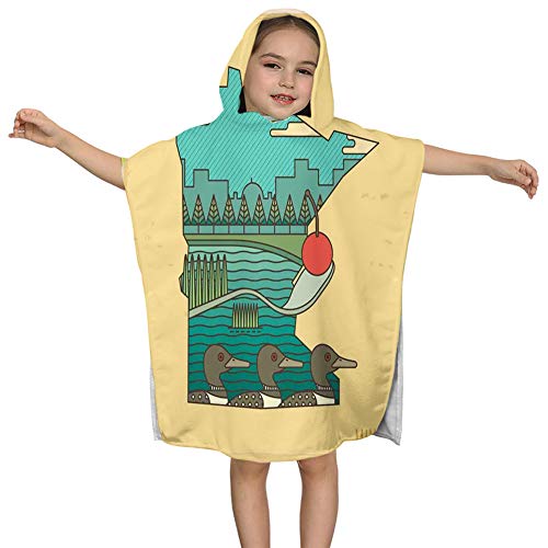 GULTMEE Kids Hooded Bath Towel for Bath Pool and BeachDoodle Minnesota State Map Superimposed with Ducks in Pond and Buildings Scenery236 X 47 for Boys Girls Toddler 1-7 Years Old Bath Robe