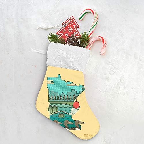 GULTMEE Lovely Christmas Stocking Set of 4 Santa Hanging Decoration Holiday Ornaments Home Decor Toys Candy Gift Bag Doodle Minnesota State Map Superimposed with Ducks in Pond and Buildings Scenery