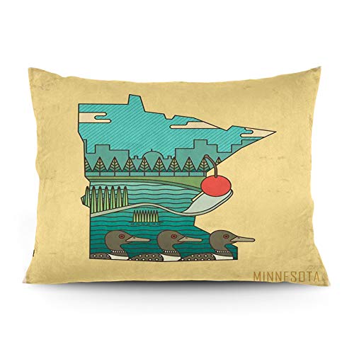 GULTMEE Pillow Sham Doodle Minnesota State Map Superimposed with Ducks in Pond and Buildings Scenery Decorative Standard Queen Size Printed Pillowcase 26 X 20 Inches