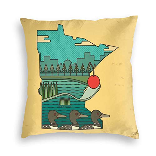 GULTMEE Velvet Soft Decorative Square Accent Throw Pillow Covers Cushion CaseDoodle Minnesota State Map Superimposed with Ducks in Pond and Buildings Sceneryfor Sofa Bedroom Car 22IN