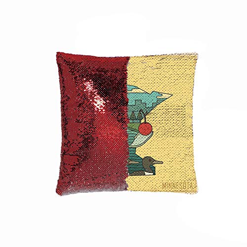 HXIYI Decorative Pillow Case Paillette Throw Mermaid Sequins Cushion Covers 18x18 Silver and red Doodle Minnesota State Map Superimposed with Ducks in Pond and Buildings Scenery