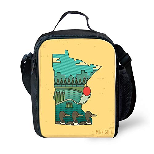 Lunch Box Insulated Lunch Bag Tough Spacious Lunchbox Doodle Minnesota State Map Superimposed with Ducks in Pond and Buildings SceneryLunch Bags for MenAdultsKidsWomen