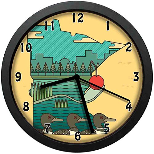 luckboy-zm Doodle Minnesota State Map Superimposed with Ducks in Pond and Buildings SceneryLarge Wall Clock Home Office School Wall Clock 12inAbout 30CM