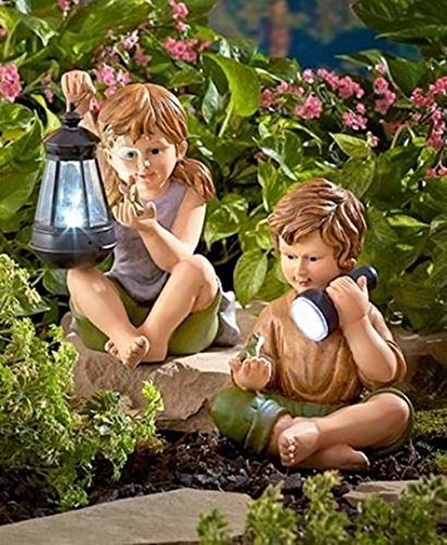 LXQ ~ Solar Powered 2 Children Statues Boy Girl Outdoor Garden Patio Yard Pond Decor