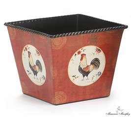 Square Cucina Rooster Tin Planter Red Flowers Black Pvc Liners 4