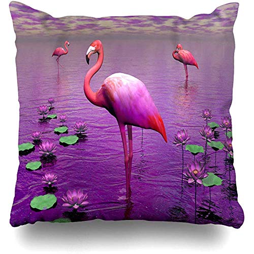 Decorative Throw Pillow Covers Spring Yellow Bird Pink Flamingos Among Water Floral Lilies Nature Parks Calm Aquatic Zen Pond Design Home Decor Pillowcase Square Cute 18 x 18 Cushion Case