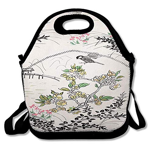 Lunch Bags for Women Insulated Watercolor Color Ink Flower Engraved Aged Birds Grass Bridge Mountain Pond Design Nature Lunch Box Tote for Work or School