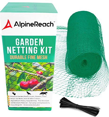 AlpineReach Garden Mesh Green Netting Kit 75 x 65 Feet - Protects Plants Fruits Flowers Trees - Stretch Fencing Durable Net with Zip Ties - Fine Mesh Heavy Duty Black Cover - Stops Birds Deer Animals