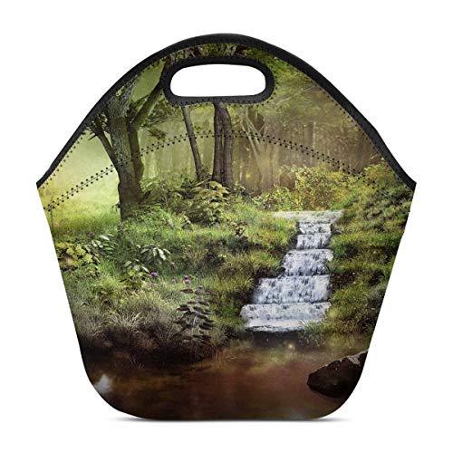InterestPrint Neoprene Lunch Bag Spring Pond Waterfall Insulated Tote Handbag