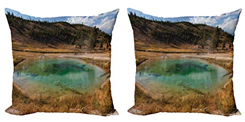 Lunarable Yellowstone Throw Pillow Cushion Cover Pack of 2 Tire Pool at The Fairy Falls Hot Spring Pond Sulfur Volcano Water Photo Zippered Double-Side Digital Print Decor 16 Multicolor