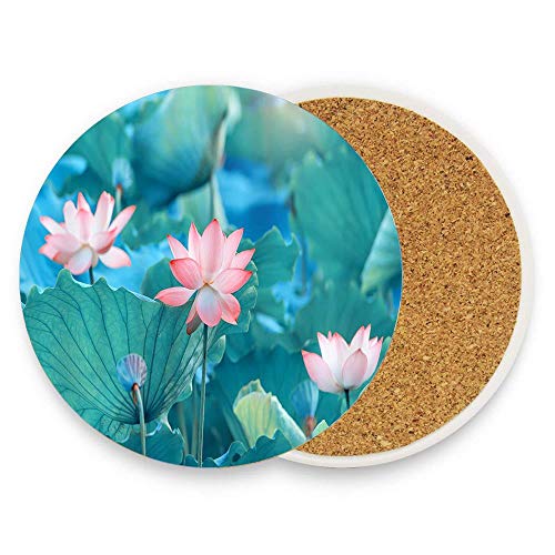 PoppyAnthony Lotus Floral and Leaves in Spring Pond Coaster Absorbent Stone Coaster Cups Holder Coffee Mug Cup Mat 1 Piece