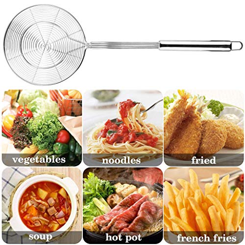 Nivalkid US Fast Arrival Stainless Steel Solid Spider Strainer Skimmer Ladle With Handle Kitchen Tool Stainless Steel Wire Mesh Leakage Oil Grid Double Round Reinforcement Colander Silver