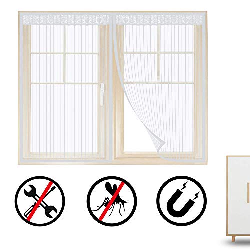 AMCER Window Screen Netting Mesh Curtain Window mesh Curtain Magnetic adsorption Foldable Easy to Install for Living RoomPatio DoorWindow - White 110W x80H cm