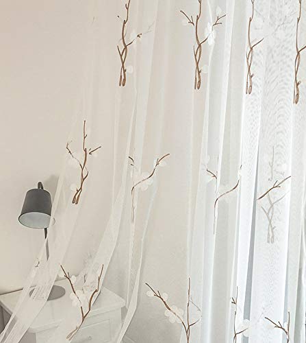Nordic Style Floral Pattern Embroidery Sheer Voile Rod Pocket Top Window Mesh Curtains Drapes1 Panel W 50 x L 84 inch White